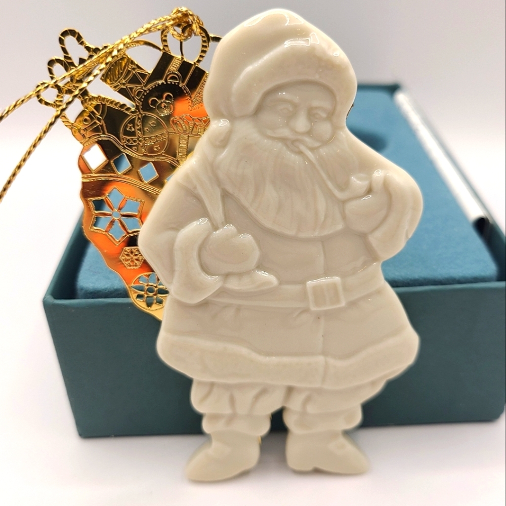 Lenox China Santa White Christmas Ornament with Gold Etched Toy Bag